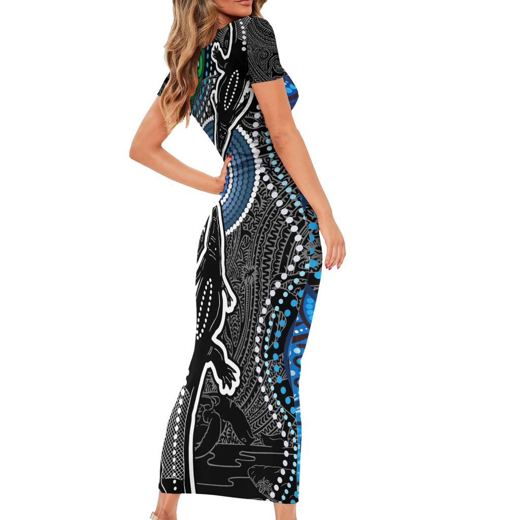 Torest Trait Islands Mix Crocodine Aboriginal Pattern Family Matching Short Sleeve Bodycon Dress and Hawaiian Shirt