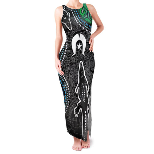 Torest Trait Islands Mix Crocodine Aboriginal Pattern Family Matching Tank Maxi Dress and Hawaiian Shirt