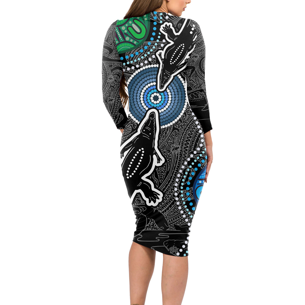 Torest Trait Islands Mix Crocodine Aboriginal Pattern Long Sleeve Bodycon Dress