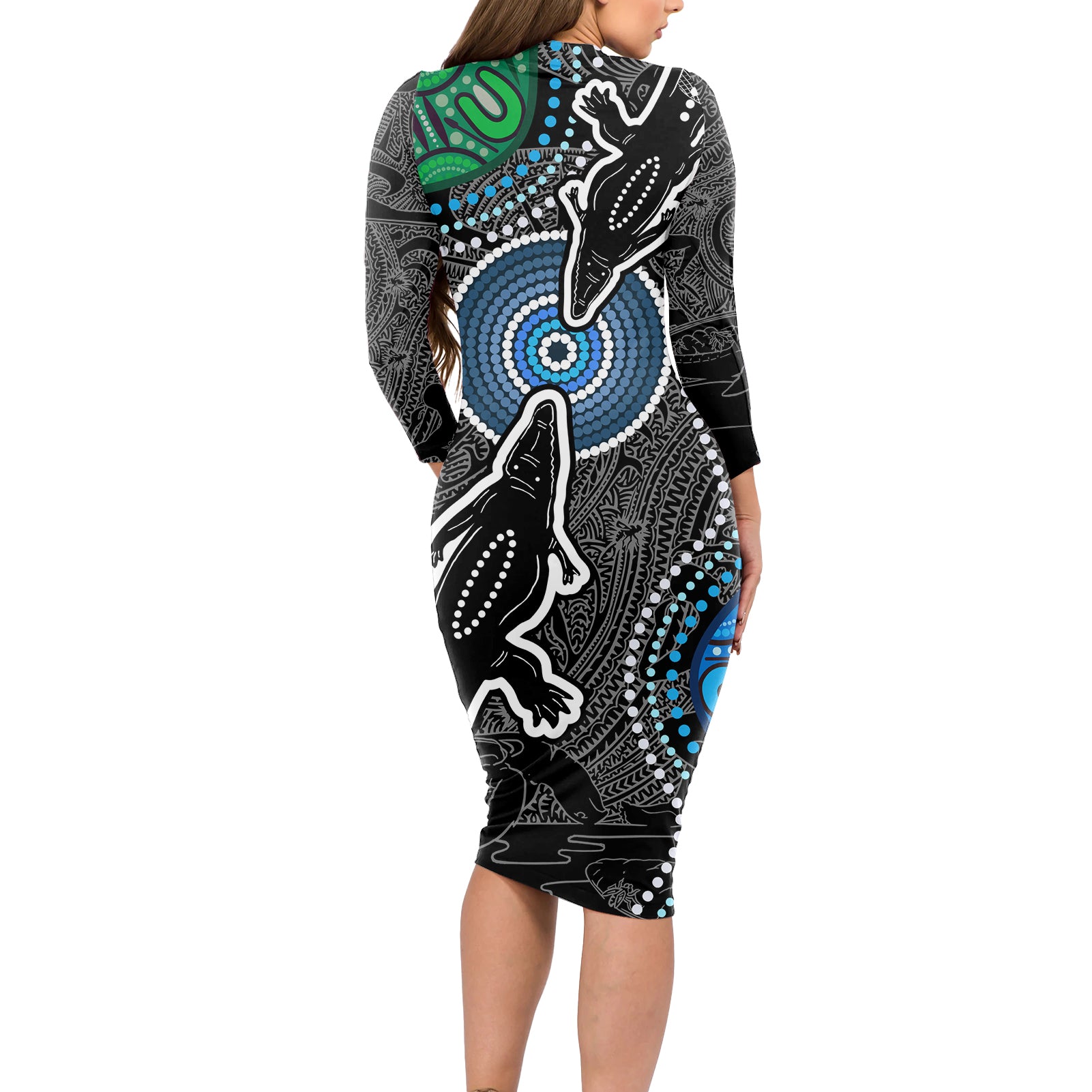 Torest Trait Islands Mix Crocodine Aboriginal Pattern Long Sleeve Bodycon Dress