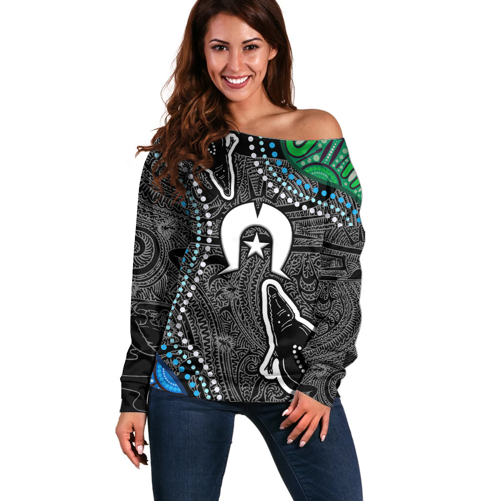 Torest Trait Islands Mix Crocodine Aboriginal Pattern Off Shoulder Sweater