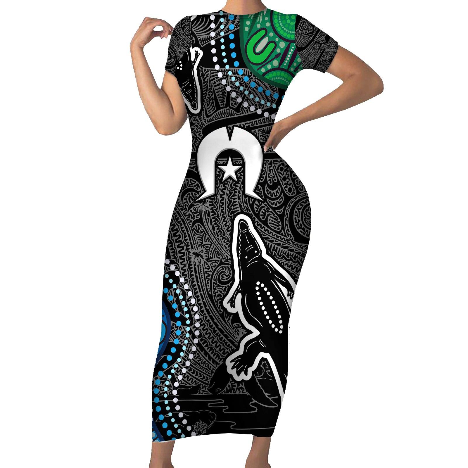 Torest Trait Islands Mix Crocodine Aboriginal Pattern Short Sleeve Bodycon Dress