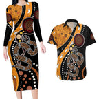 Aboriginal Snake Pattern Dot Art Couples Matching Long Sleeve Bodycon Dress and Hawaiian Shirt
