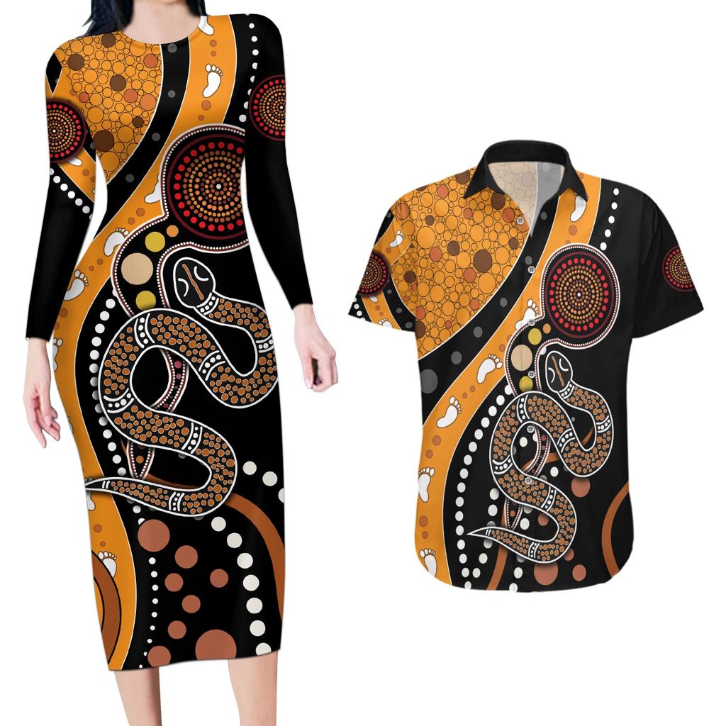 Aboriginal Snake Pattern Dot Art Couples Matching Long Sleeve Bodycon Dress and Hawaiian Shirt
