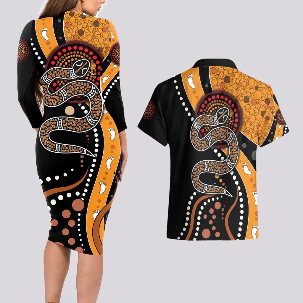 Aboriginal Snake Pattern Dot Art Couples Matching Long Sleeve Bodycon Dress and Hawaiian Shirt