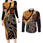 Aboriginal Snake Pattern Dot Art Couples Matching Long Sleeve Bodycon Dress and Long Sleeve Button Shirt