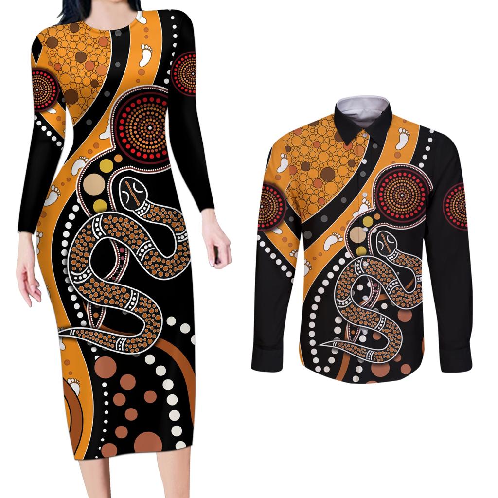 Aboriginal Snake Pattern Dot Art Couples Matching Long Sleeve Bodycon Dress and Long Sleeve Button Shirt