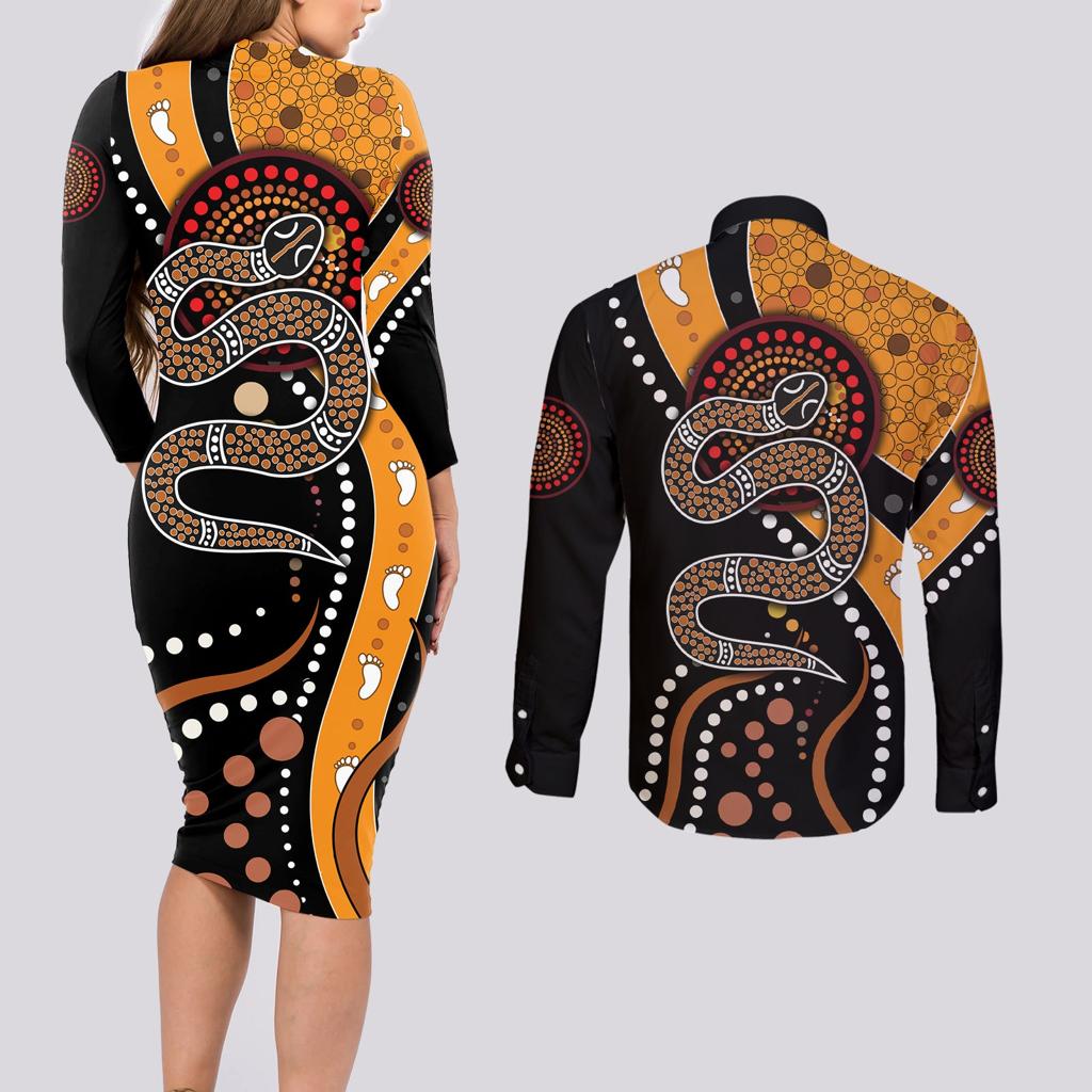 Aboriginal Snake Pattern Dot Art Couples Matching Long Sleeve Bodycon Dress and Long Sleeve Button Shirt