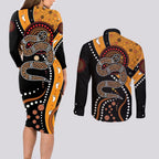 Aboriginal Snake Pattern Dot Art Couples Matching Long Sleeve Bodycon Dress and Long Sleeve Button Shirt