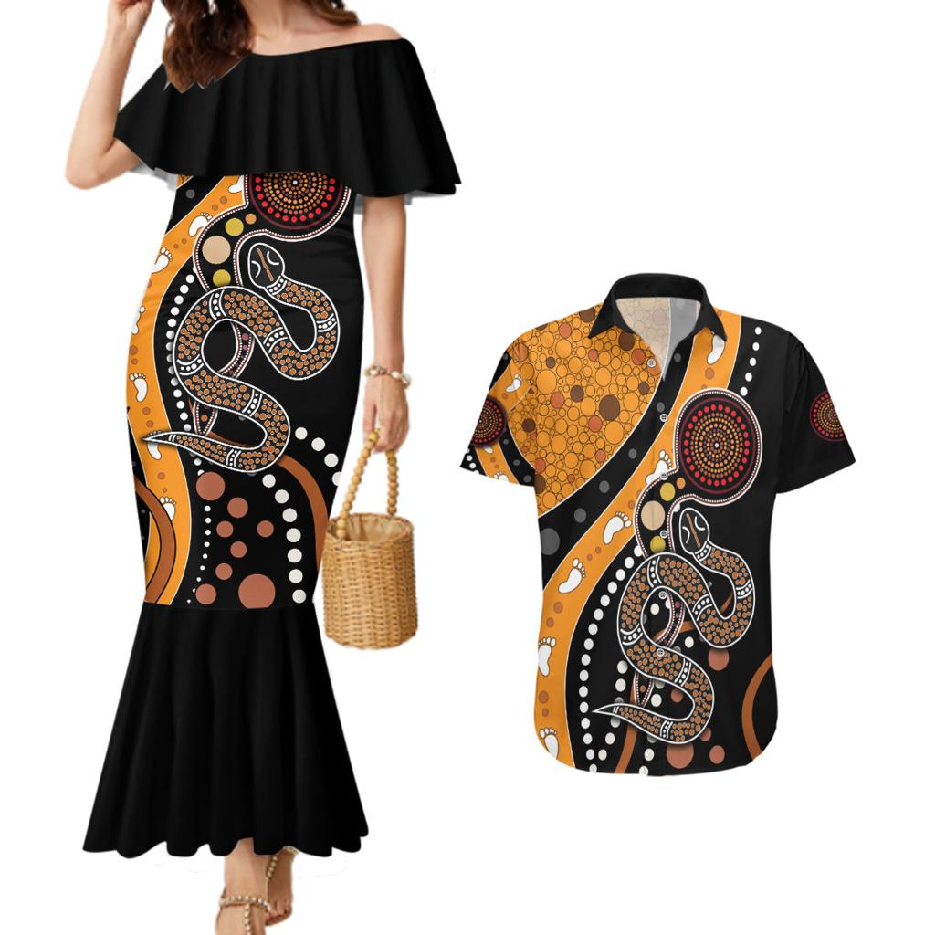 Aboriginal Snake Pattern Dot Art Couples Matching Mermaid Dress and Hawaiian Shirt