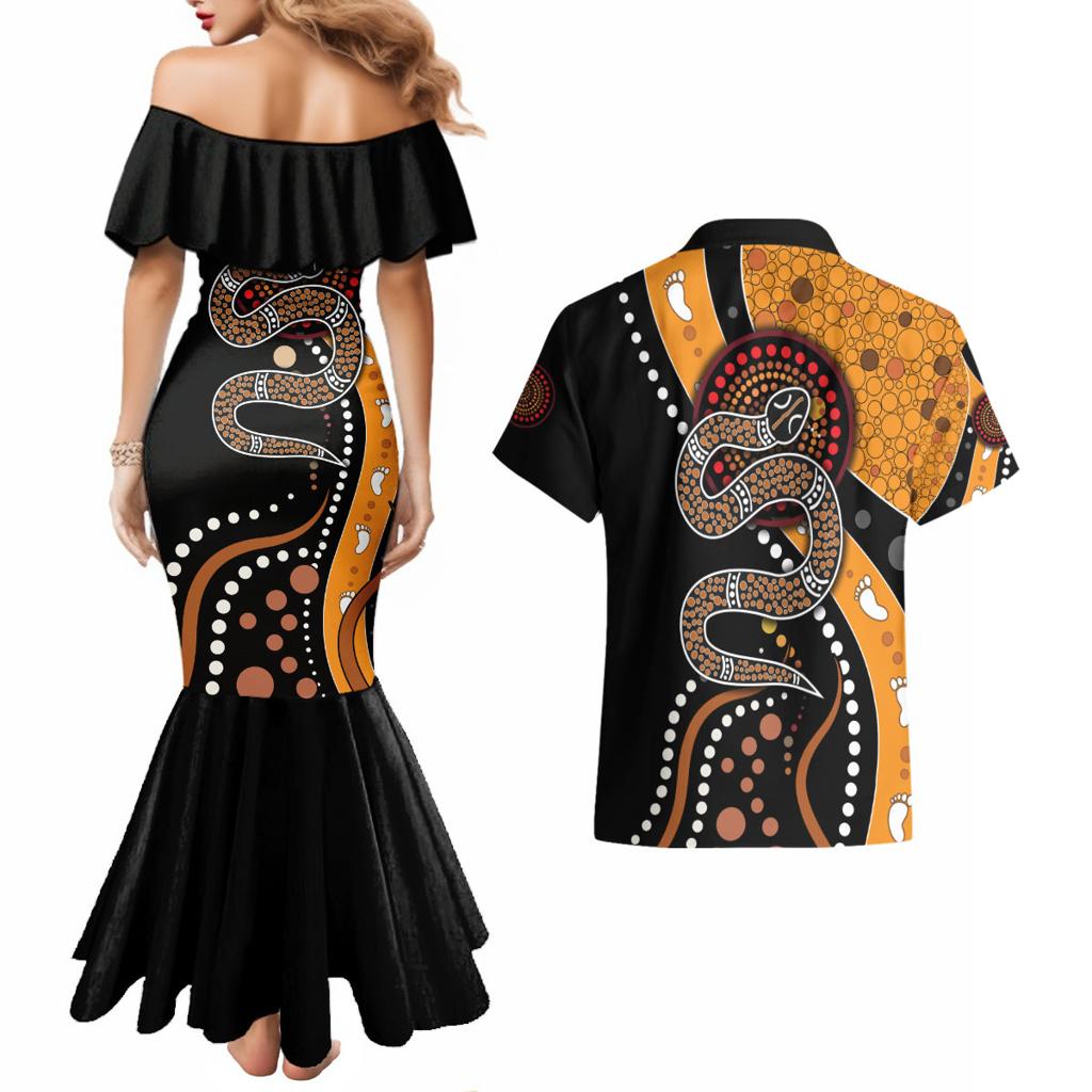 Aboriginal Snake Pattern Dot Art Couples Matching Mermaid Dress and Hawaiian Shirt