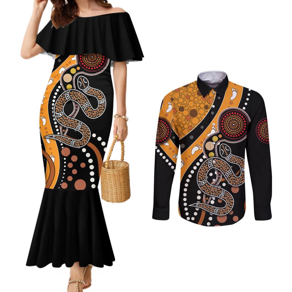 Aboriginal Snake Pattern Dot Art Couples Matching Mermaid Dress and Long Sleeve Button Shirt