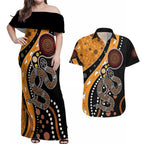 Aboriginal Snake Pattern Dot Art Couples Matching Off Shoulder Maxi Dress and Hawaiian Shirt