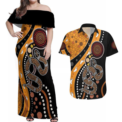 Aboriginal Snake Pattern Dot Art Couples Matching Off Shoulder Maxi Dress and Hawaiian Shirt