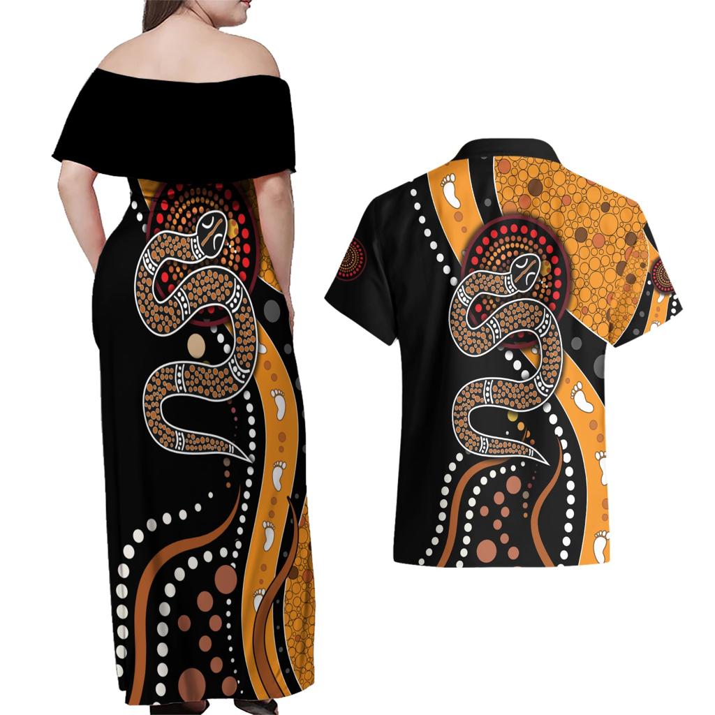 Aboriginal Snake Pattern Dot Art Couples Matching Off Shoulder Maxi Dress and Hawaiian Shirt