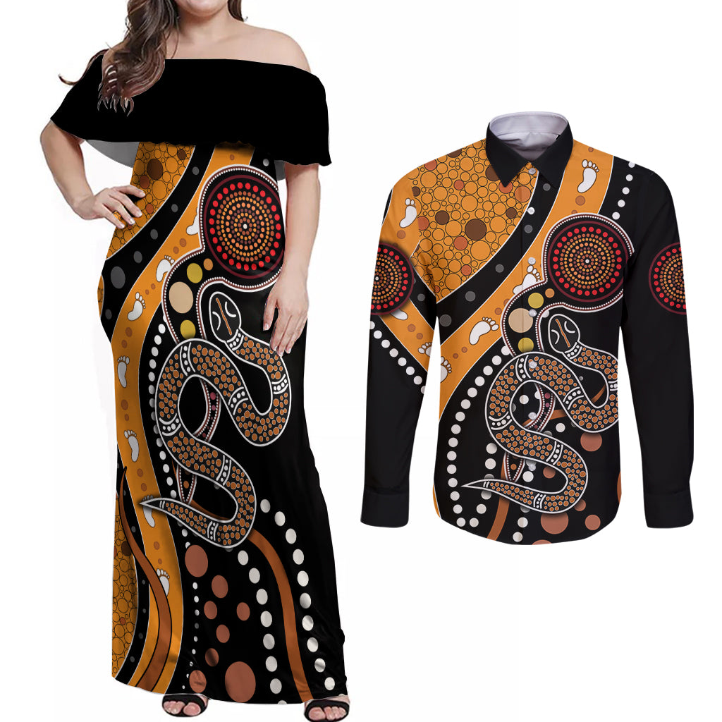 Aboriginal Snake Pattern Dot Art Couples Matching Off Shoulder Maxi Dress and Long Sleeve Button Shirt