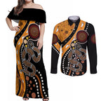 Aboriginal Snake Pattern Dot Art Couples Matching Off Shoulder Maxi Dress and Long Sleeve Button Shirt