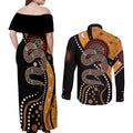 Aboriginal Snake Pattern Dot Art Couples Matching Off Shoulder Maxi Dress and Long Sleeve Button Shirt