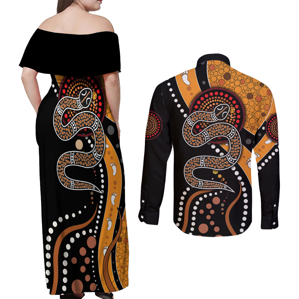Aboriginal Snake Pattern Dot Art Couples Matching Off Shoulder Maxi Dress and Long Sleeve Button Shirt