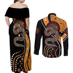Aboriginal Snake Pattern Dot Art Couples Matching Off Shoulder Maxi Dress and Long Sleeve Button Shirt