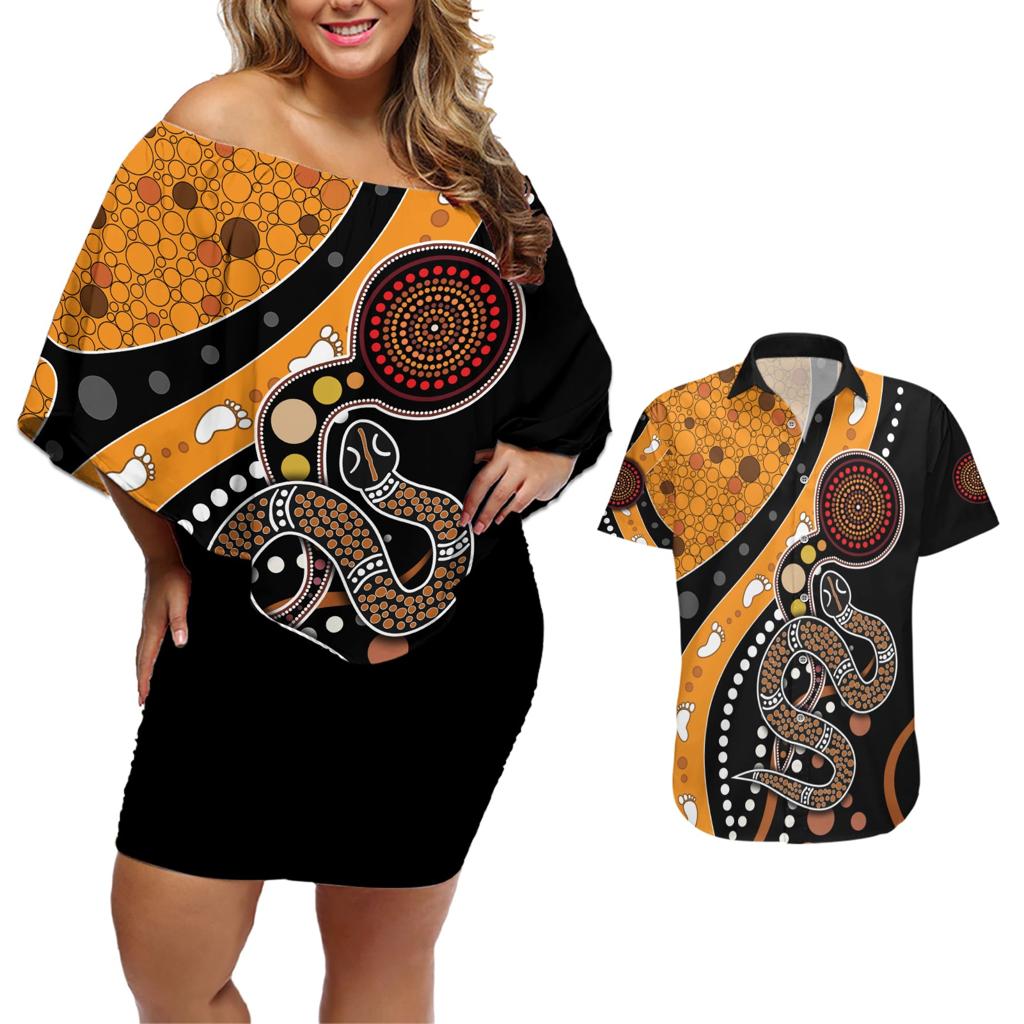 Aboriginal Snake Pattern Dot Art Couples Matching Off Shoulder Short Dress and Hawaiian Shirt