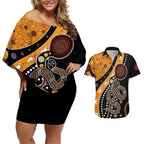 Aboriginal Snake Pattern Dot Art Couples Matching Off Shoulder Short Dress and Hawaiian Shirt