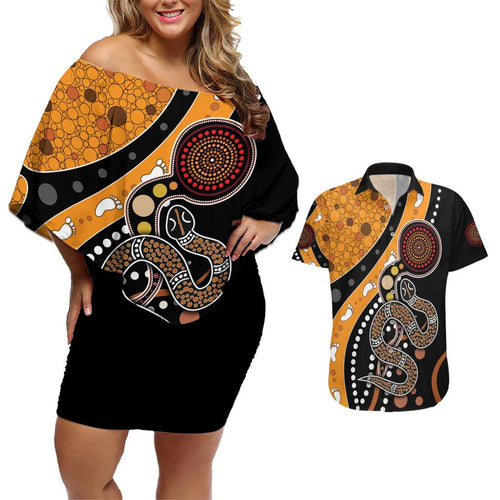 Aboriginal Snake Pattern Dot Art Couples Matching Off Shoulder Short Dress and Hawaiian Shirt