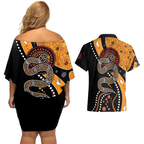 Aboriginal Snake Pattern Dot Art Couples Matching Off Shoulder Short Dress and Hawaiian Shirt