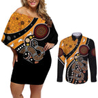 Aboriginal Snake Pattern Dot Art Couples Matching Off Shoulder Short Dress and Long Sleeve Button Shirt