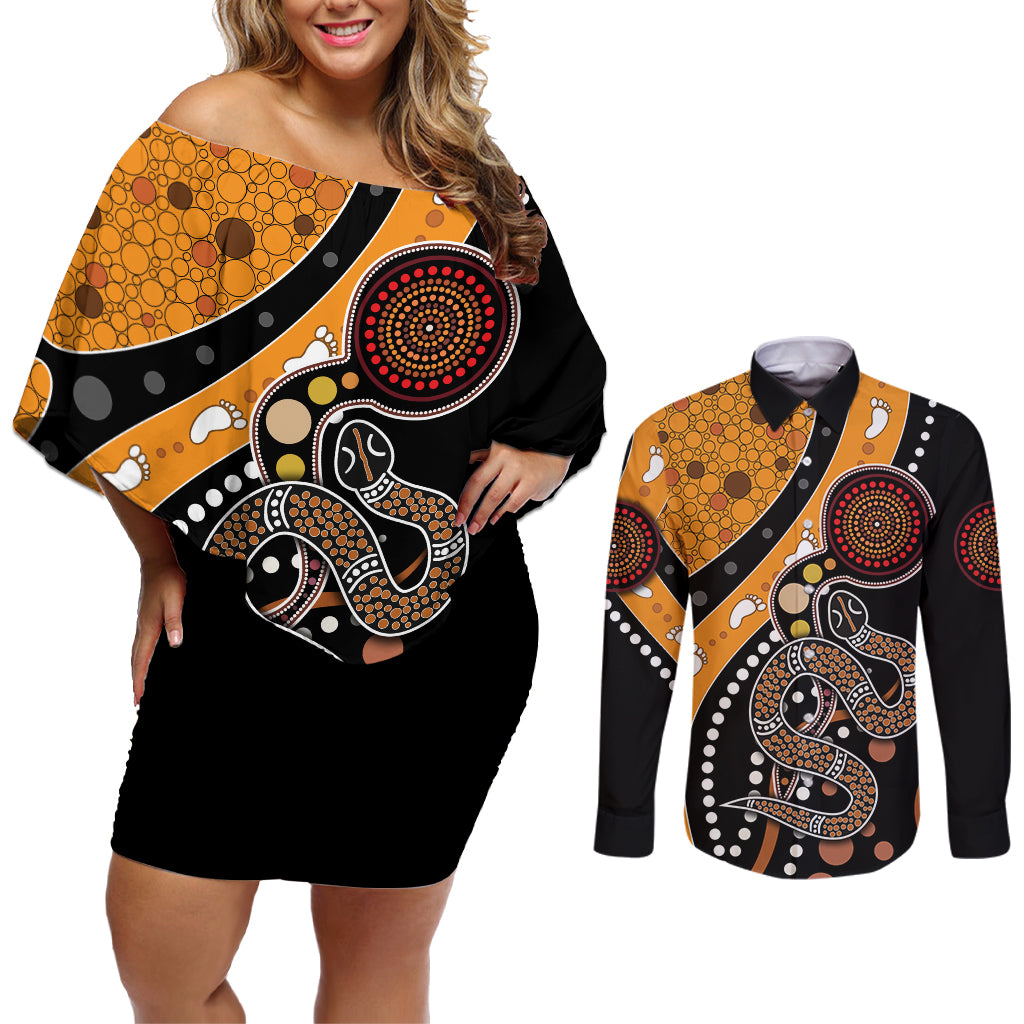 Aboriginal Snake Pattern Dot Art Couples Matching Off Shoulder Short Dress and Long Sleeve Button Shirt