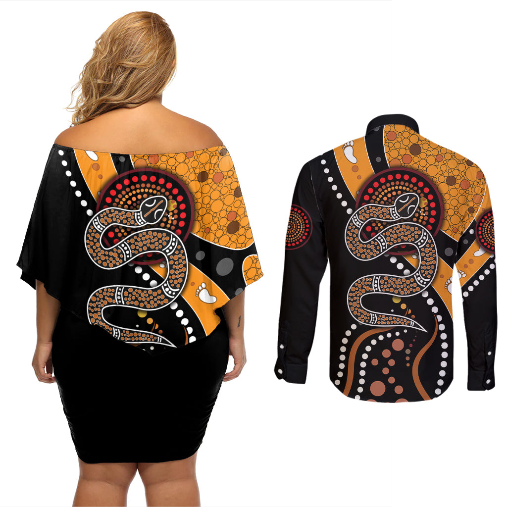 Aboriginal Snake Pattern Dot Art Couples Matching Off Shoulder Short Dress and Long Sleeve Button Shirt