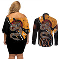 Aboriginal Snake Pattern Dot Art Couples Matching Off Shoulder Short Dress and Long Sleeve Button Shirt