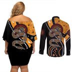 Aboriginal Snake Pattern Dot Art Couples Matching Off Shoulder Short Dress and Long Sleeve Button Shirt