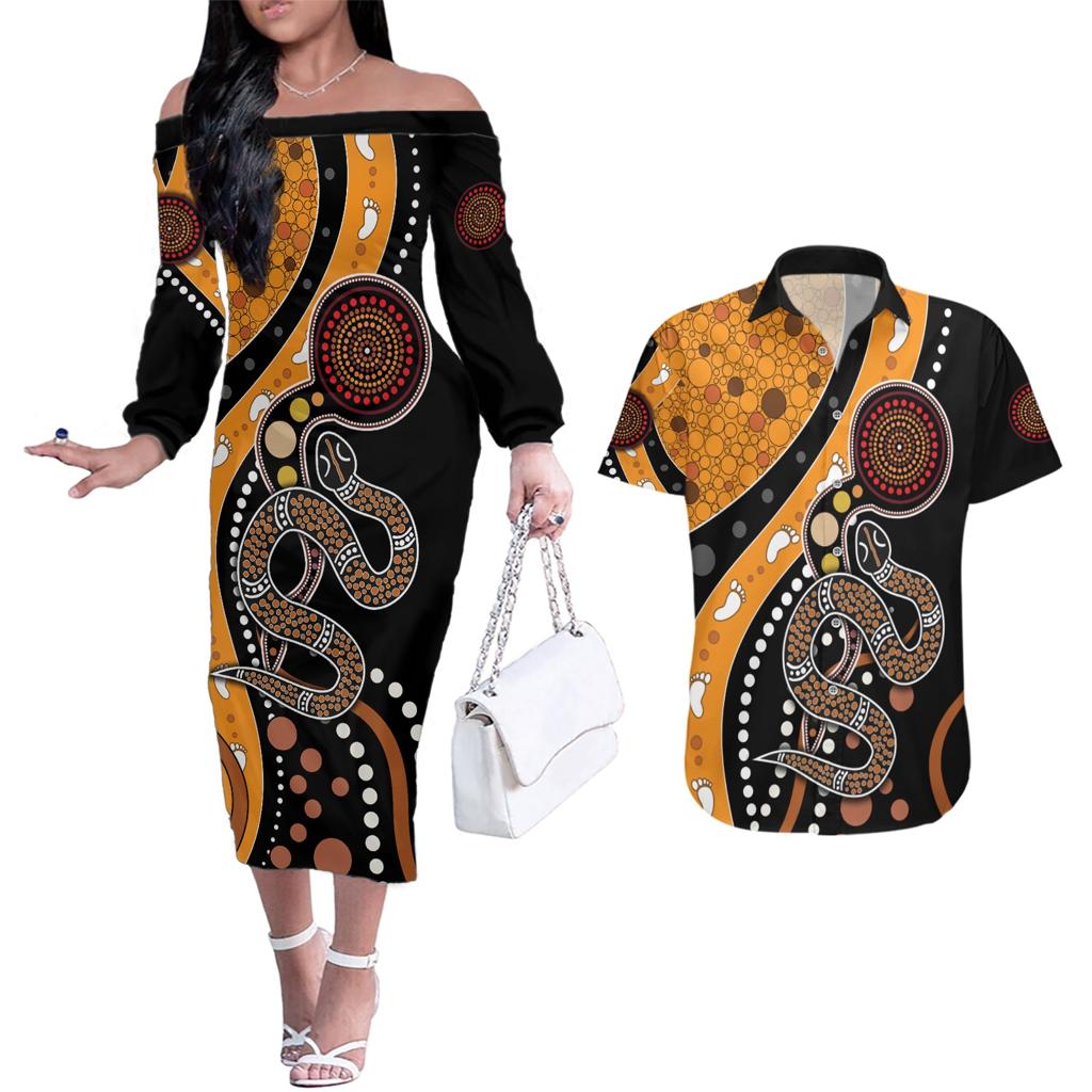 Aboriginal Snake Pattern Dot Art Couples Matching Off The Shoulder Long Sleeve Dress and Hawaiian Shirt