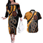 Aboriginal Snake Pattern Dot Art Couples Matching Off The Shoulder Long Sleeve Dress and Hawaiian Shirt
