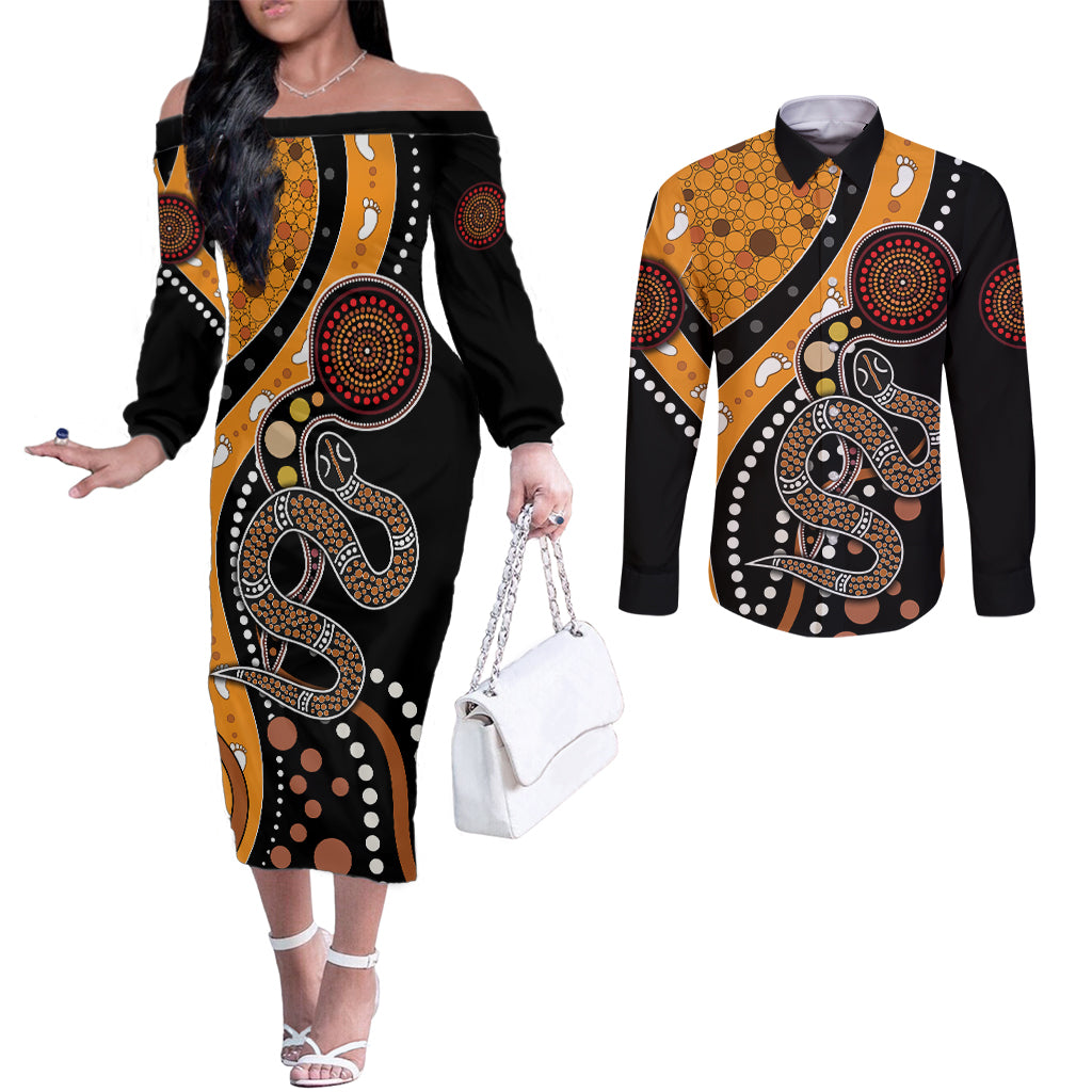 Aboriginal Snake Pattern Dot Art Couples Matching Off The Shoulder Long Sleeve Dress and Long Sleeve Button Shirt