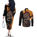 Aboriginal Snake Pattern Dot Art Couples Matching Off The Shoulder Long Sleeve Dress and Long Sleeve Button Shirt