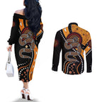 Aboriginal Snake Pattern Dot Art Couples Matching Off The Shoulder Long Sleeve Dress and Long Sleeve Button Shirt