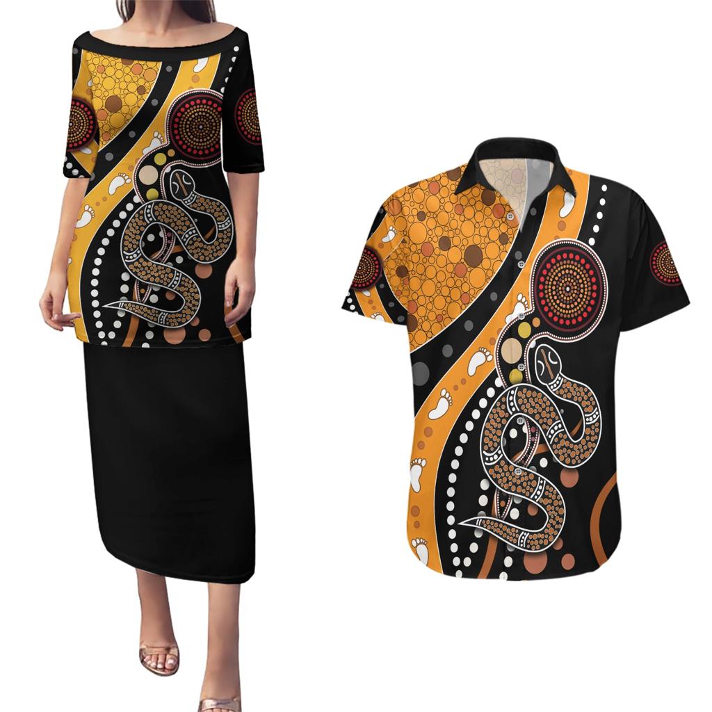 Aboriginal Snake Pattern Dot Art Couples Matching Puletasi and Hawaiian Shirt