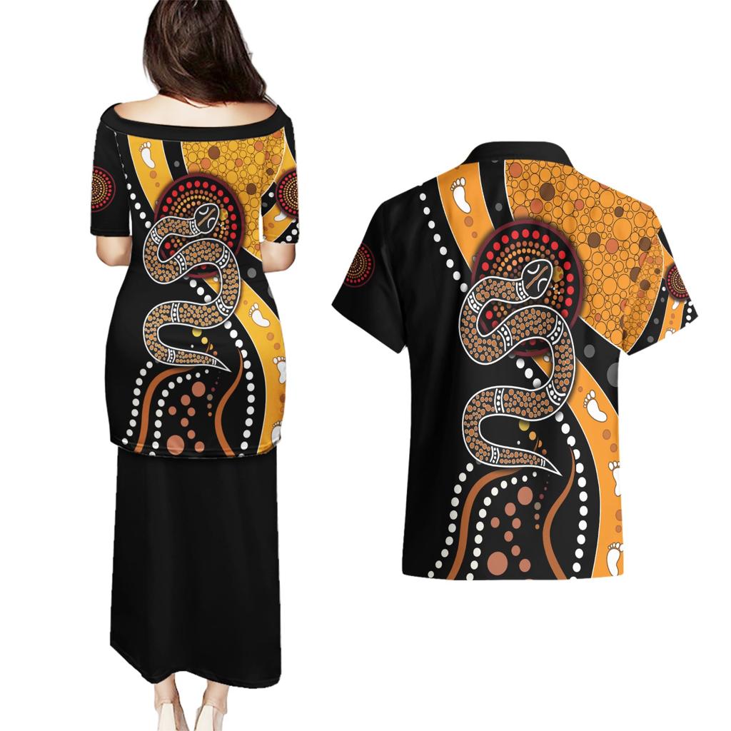 Aboriginal Snake Pattern Dot Art Couples Matching Puletasi and Hawaiian Shirt