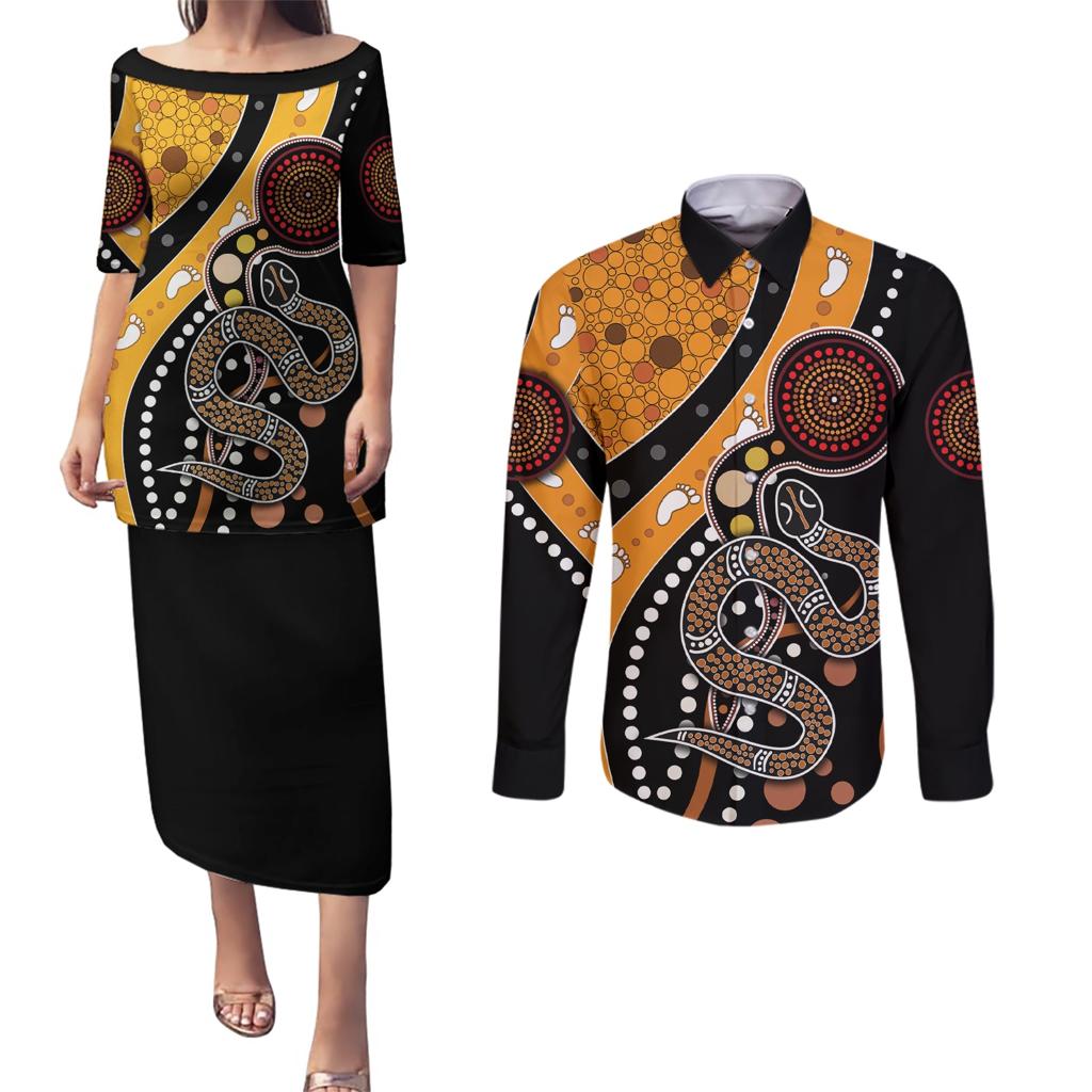 Aboriginal Snake Pattern Dot Art Couples Matching Puletasi and Long Sleeve Button Shirt