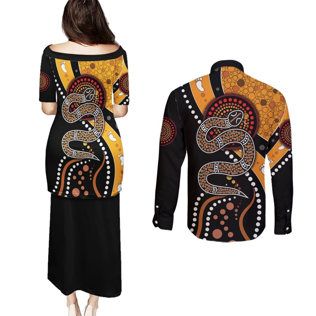 Aboriginal Snake Pattern Dot Art Couples Matching Puletasi and Long Sleeve Button Shirt