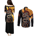 Aboriginal Snake Pattern Dot Art Couples Matching Puletasi and Long Sleeve Button Shirt