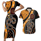 Aboriginal Snake Pattern Dot Art Couples Matching Short Sleeve Bodycon Dress and Hawaiian Shirt