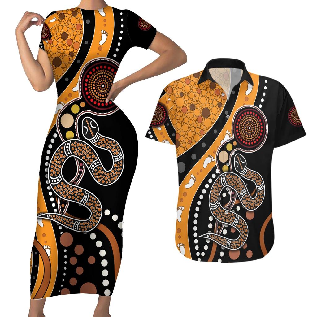Aboriginal Snake Pattern Dot Art Couples Matching Short Sleeve Bodycon Dress and Hawaiian Shirt