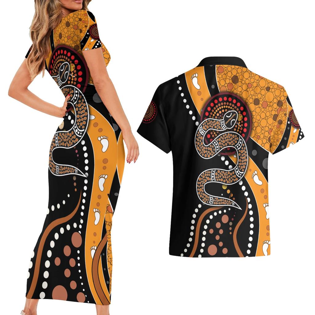 Aboriginal Snake Pattern Dot Art Couples Matching Short Sleeve Bodycon Dress and Hawaiian Shirt