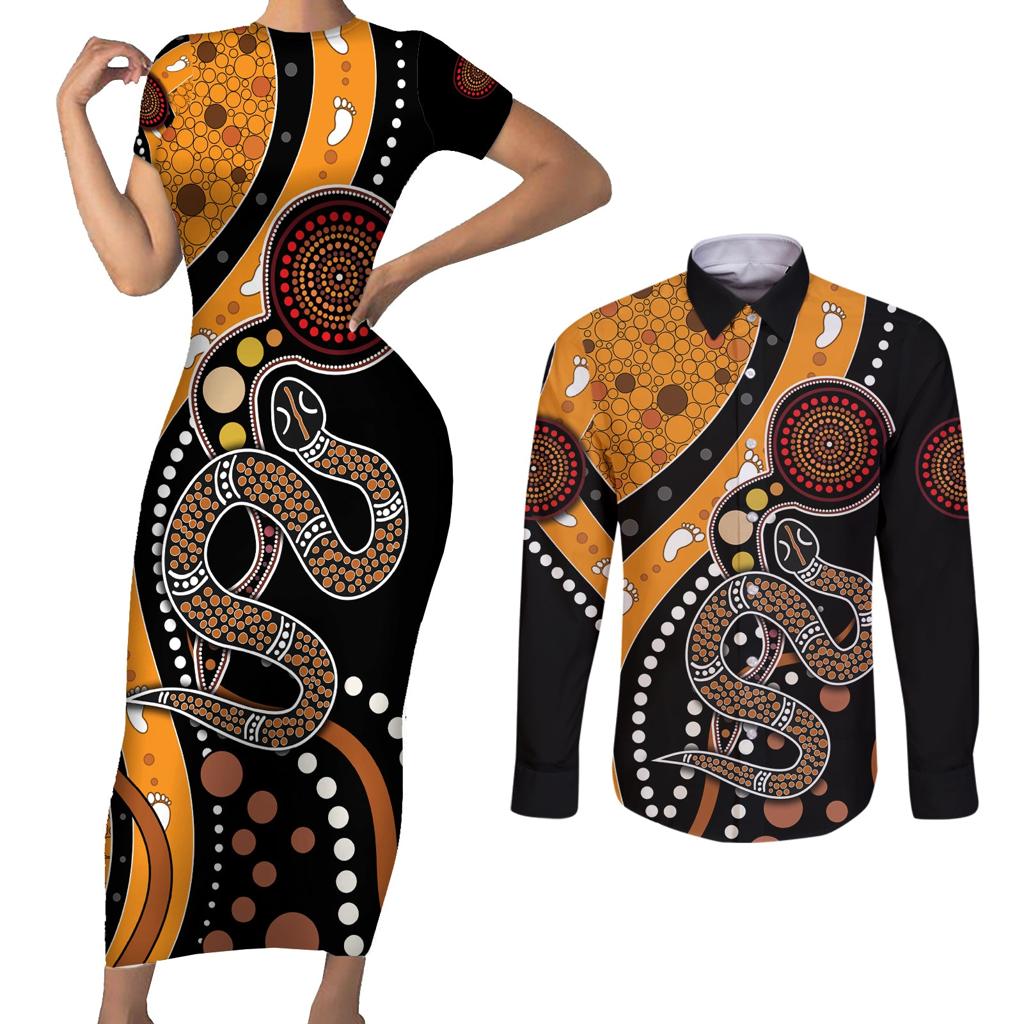 Aboriginal Snake Pattern Dot Art Couples Matching Short Sleeve Bodycon Dress and Long Sleeve Button Shirt
