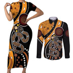 Aboriginal Snake Pattern Dot Art Couples Matching Short Sleeve Bodycon Dress and Long Sleeve Button Shirt