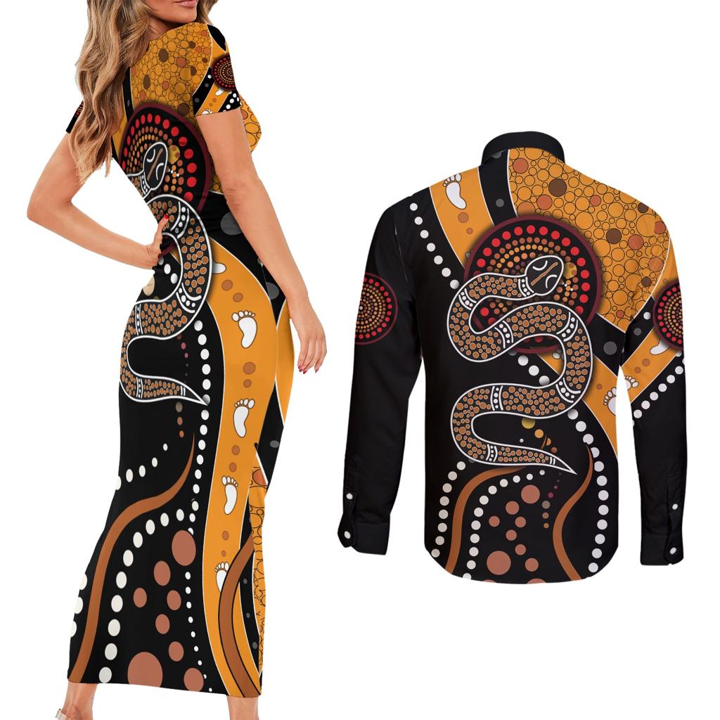 Aboriginal Snake Pattern Dot Art Couples Matching Short Sleeve Bodycon Dress and Long Sleeve Button Shirt