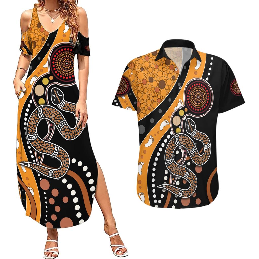 Aboriginal Snake Pattern Dot Art Couples Matching Summer Maxi Dress and Hawaiian Shirt